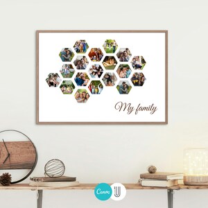 Puede incluir: Un collage de fotos enmarcado de una familia en un patr&oacute;n de panal con el texto "My family" en la parte inferior.