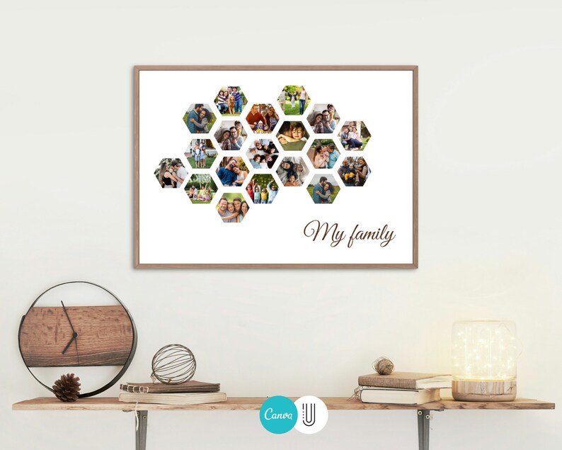 Puede incluir: Un collage de fotos enmarcado de una familia en un patr&oacute;n de panal con el texto "My family" en la parte inferior.