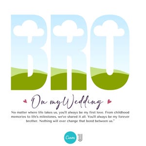 Peut inclure: Une carte de mariage avec une illustration verte et bleue du mot "BRO" avec le texte "On my Wedding" en dessous. La carte comprend le texte "Peu importe o&ugrave; la vie nous emm&egrave;ne, tu seras toujours mon premier amour. Des souvenirs d'enfance aux jalons de la vie, nous avons tout partag&eacute;. Tu seras toujours mon fr&egrave;re pour toujours. Rien ne changera jamais ce lien qui nous unit."