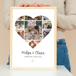 Puede incluir: Un collage de fotos enmarcado en forma de coraz&oacute;n con 12 fotos de una pareja. Las fotos est&aacute;n dispuestas en forma de coraz&oacute;n y los nombres de la pareja, "Milva & Clara", y la fecha "febrero, 24th 2023" est&aacute;n impresos debajo del collage.