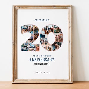 以下が含まれることがあります： 20の数字の形をした写真のコラージュで、20年間の仕事を祝う額縁付きポスター。テキストには「Celebrating 20 Years of Work Anniversary Andrew Robert Merck & Co.」と書いてあります。