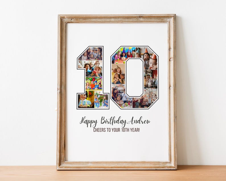 Op de afbeelding: Een witte fotocollage in een bruin frame. De collage is gevormd als het nummer 10 en is gevuld met foto's van een kinderfeestje. De tekst "Happy Birthday Andrew Cheers to your 10th year!" is onder de collage afgedrukt.