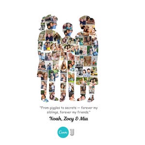 May include: A family-themed photo collage in the shape of three figures, filled with various family photos. The text reads "From giggles to secrets - forever my siblings, forever my friends." Names: Noah, Zoey & Mia.