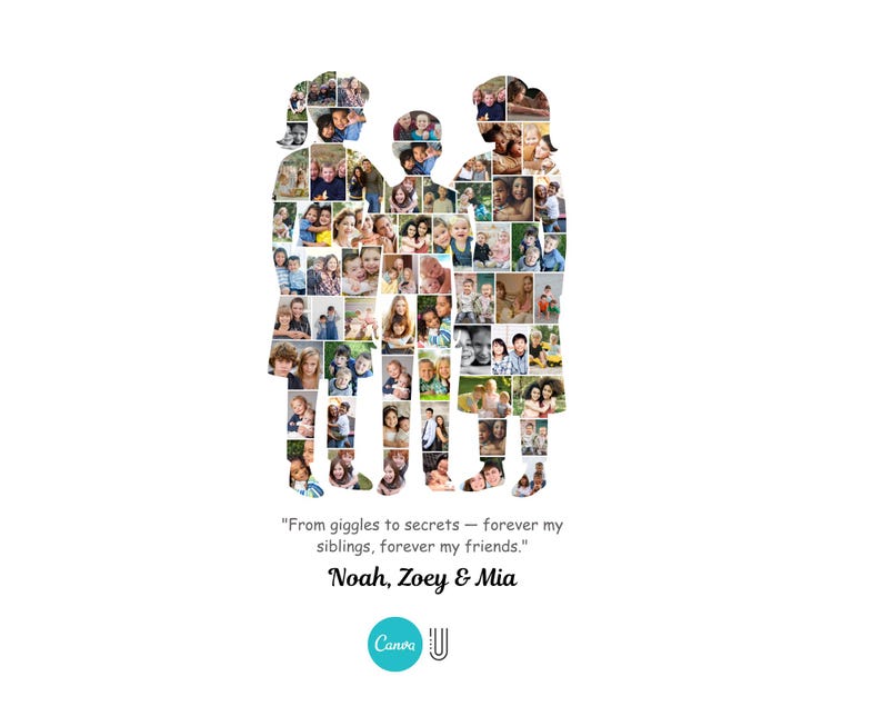 May include: A family-themed photo collage in the shape of three figures, filled with various family photos. The text reads "From giggles to secrets - forever my siblings, forever my friends." Names: Noah, Zoey & Mia.