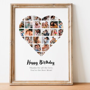 Może przedstawiać: Ramka z kolażem zdjęć w kształcie serca na białym tle. Kolaż jest wypełniony zdjęciami rodziny, w tym matki i dzieci. Tekst "Happy Birthday" jest napisany pod kolażem, po kt&oacute;rym następuje "Thanks for all the love. You're the Best Mom!"