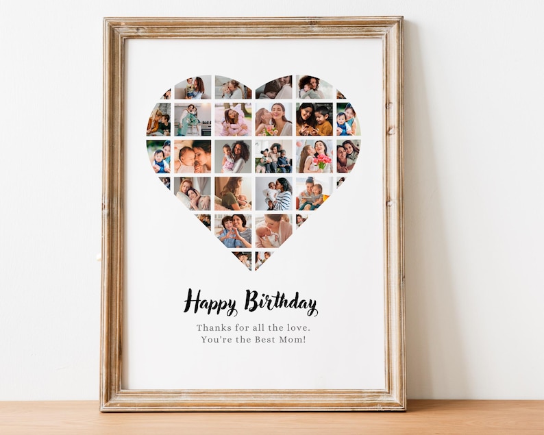 Może przedstawiać: Ramka z kolażem zdjęć w kształcie serca na białym tle. Kolaż jest wypełniony zdjęciami rodziny, w tym matki i dzieci. Tekst "Happy Birthday" jest napisany pod kolażem, po kt&oacute;rym następuje "Thanks for all the love. You're the Best Mom!"