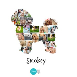 Pu&ograve; includere: Uno sfondo bianco presenta un collage a forma di cane pieno di foto di cani e persone. La parola "Smokey" &egrave; scritta in corsivo nero sotto la forma del cane. Un logo Canva turchese si trova nell'angolo in basso.
