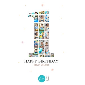 May include: A collage of photos in a number one shape, with a blue and white color scheme. The text "HAPPY BIRTHDAY" and "OLIVIA WILSON" is below the collage.