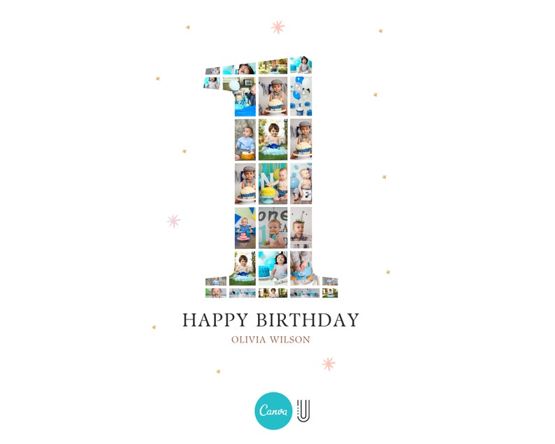 May include: A collage of photos in a number one shape, with a blue and white color scheme. The text "HAPPY BIRTHDAY" and "OLIVIA WILSON" is below the collage.