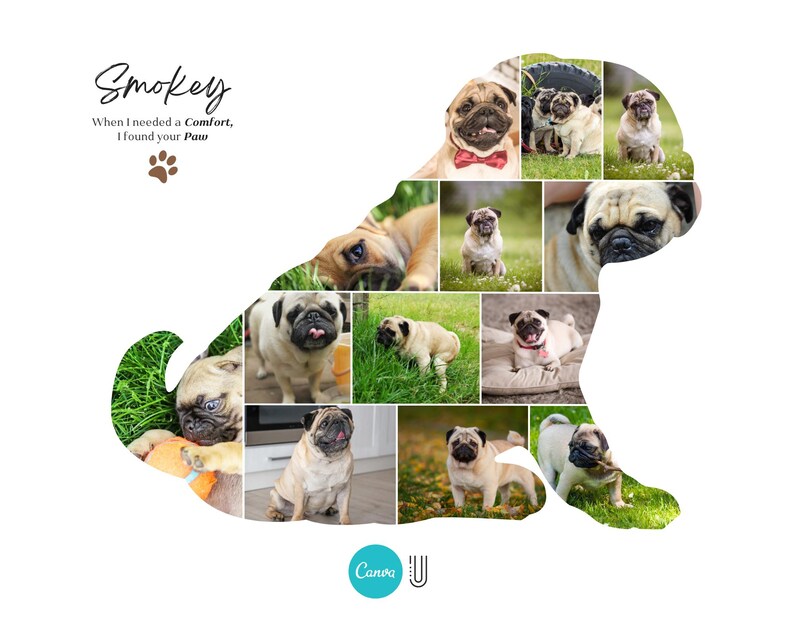 May include: A collage of photos of pugs in various poses, arranged in the shape of a pug. The text "Smokey" is at the top of the image, and the text "When I needed a comfort, I found your paw" is below it. A paw print is below the text.