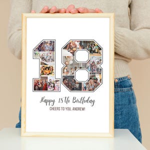 May include: A white photo collage print with a black and white number 18 made of photos. The text "Happy 18th Birthday Cheers to you, Andrew!" is below the number.