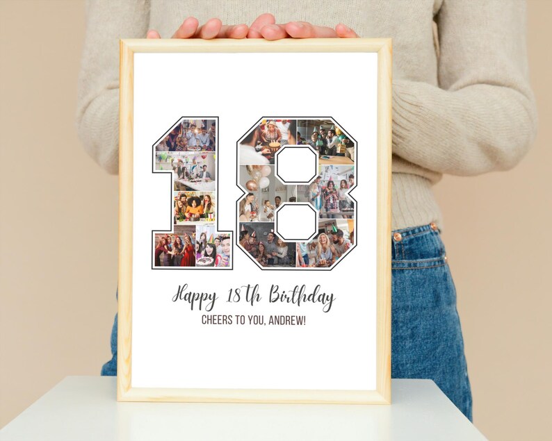 May include: A white photo collage print with a black and white number 18 made of photos. The text "Happy 18th Birthday Cheers to you, Andrew!" is below the number.