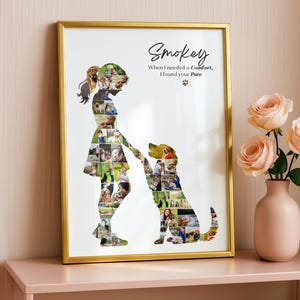 May include: A framed wall art print featuring a collage of photos arranged into the silhouettes of a person and a dog. The text reads Smokey, When I needed a Comfort, I found your Paw, with a small paw print icon. The frame is gold-coloured metal.