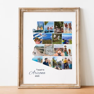 May include: A framed print featuring a collage of photos arranged in the shape of Arizona. The photos depict various travel scenes. The text "Travel to Arizona 2025" is displayed in a script font at the bottom of the print. The frame is a light brown color.