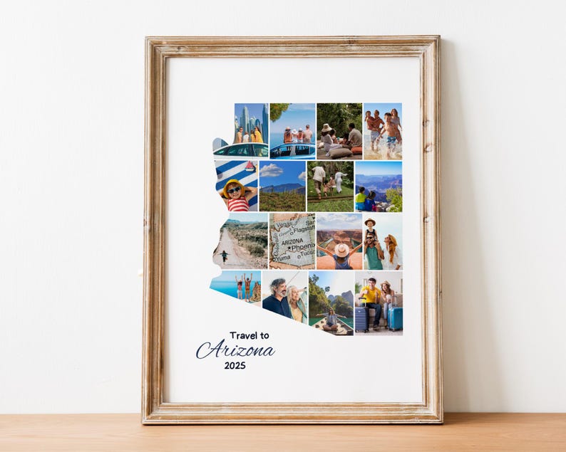 May include: A framed print featuring a collage of photos arranged in the shape of Arizona. The photos depict various travel scenes. The text "Travel to Arizona 2025" is displayed in a script font at the bottom of the print. The frame is a light brown color.