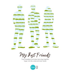 Peut inclure: Trois silhouettes de personnes, un homme, une femme et un homme, sont compos&eacute;es d'un motif r&eacute;p&eacute;t&eacute; de champs verts et de ciels bleus. Le texte ci-dessous indique "Mes meilleurs amis" et "La vraie amiti&eacute; ne consiste pas &agrave; savoir qui reste ensemble le plus longtemps, mais qui vient et ne part jamais".