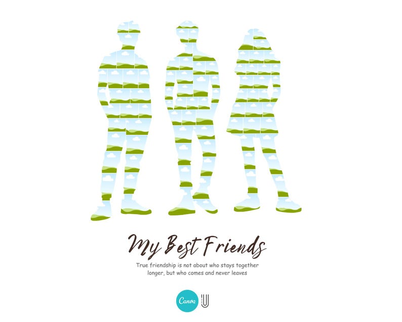 Peut inclure: Trois silhouettes de personnes, un homme, une femme et un homme, sont compos&eacute;es d'un motif r&eacute;p&eacute;t&eacute; de champs verts et de ciels bleus. Le texte ci-dessous indique "Mes meilleurs amis" et "La vraie amiti&eacute; ne consiste pas &agrave; savoir qui reste ensemble le plus longtemps, mais qui vient et ne part jamais".