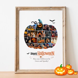 Peut inclure: Une impression murale encadr&eacute;e pr&eacute;sentant un collage photo en forme de citrouille avec diverses images sur le th&egrave;me d'Halloween. Le texte indique Happy Halloween et May your Halloween be Sweet and Spooky. Quatre citrouilles orange sont pos&eacute;es.