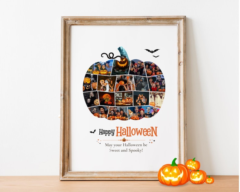 Peut inclure: Une impression murale encadr&eacute;e pr&eacute;sentant un collage photo en forme de citrouille avec diverses images sur le th&egrave;me d'Halloween. Le texte indique Happy Halloween et May your Halloween be Sweet and Spooky. Quatre citrouilles orange sont pos&eacute;es.
