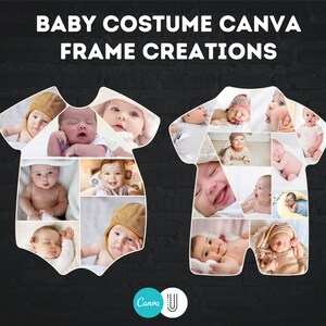 May include: A collage of photos of babies in different costumes, arranged in the shape of a baby onesie. The onesies are white with a blue trim. The photos are arranged in a grid pattern. The text "BABY COSTUME CANVA FRAME CREATIONS" is at the top of the image. The text "Canva" is at the bottom of the image.