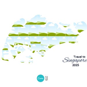 Może przedstawiać: Biała grafika przedstawiająca zarys Singapuru wypełniony krajobrazami zielonych wzg&oacute;rz, błękitnego nieba i chmur. Tekst "Travel to Singapore 2025" jest napisany ciemnoniebieską czcionką. Turkusowe koło z logo Canva znajduje się w lewym dolnym rogu.