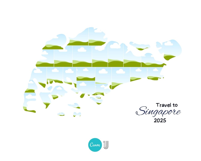 Może przedstawiać: Biała grafika przedstawiająca zarys Singapuru wypełniony krajobrazami zielonych wzg&oacute;rz, błękitnego nieba i chmur. Tekst "Travel to Singapore 2025" jest napisany ciemnoniebieską czcionką. Turkusowe koło z logo Canva znajduje się w lewym dolnym rogu.