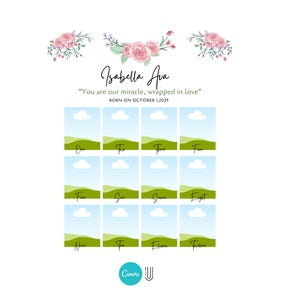 Może przedstawiać: Drukowana gra na baby shower z zielonym i niebieskim krajobrazem. Gra nosi tytuł "Isabella Ava" i zawiera tekst "You are our miracle, wrapped in love" oraz "Born on October 1, 2024".