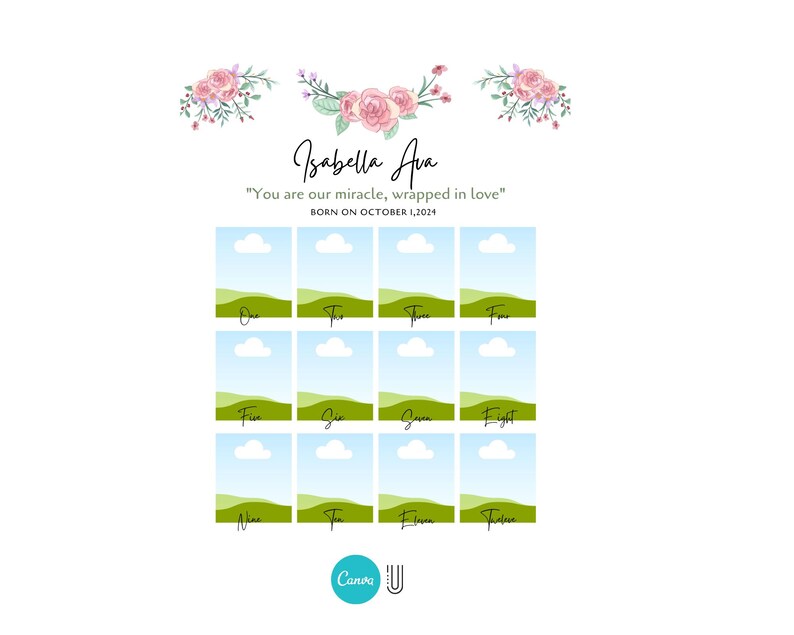 Może przedstawiać: Drukowana gra na baby shower z zielonym i niebieskim krajobrazem. Gra nosi tytuł "Isabella Ava" i zawiera tekst "You are our miracle, wrapped in love" oraz "Born on October 1, 2024".