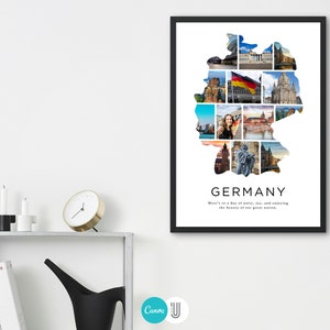 May include: A black and white photo collage of Germany in the shape of the country. The collage includes images of famous landmarks, people, and scenery. The text "GERMANY" is at the bottom of the collage, along with the text "Here's to a day of unity, joy, and enjoying the beauty of our great nation."