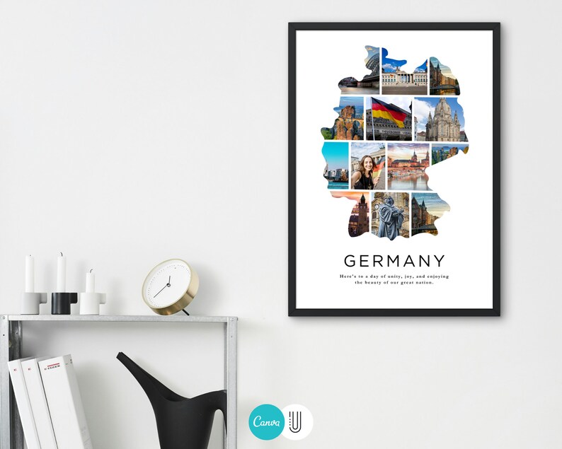 May include: A black and white photo collage of Germany in the shape of the country. The collage includes images of famous landmarks, people, and scenery. The text "GERMANY" is at the bottom of the collage, along with the text "Here's to a day of unity, joy, and enjoying the beauty of our great nation."