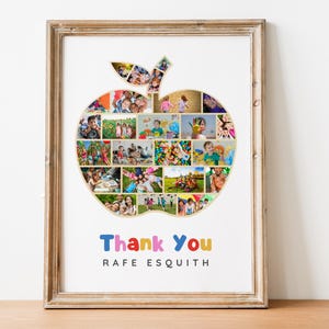Puede incluir: Un collage de fotos colorido con forma de manzana con el texto "Thank You Rafe Esquith" en la parte inferior.
