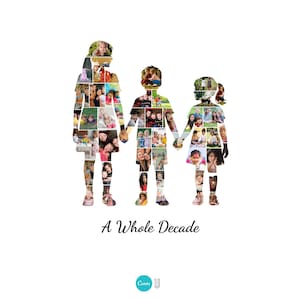 K&ouml;nnte beinhalten: Eine digitale Collage in Form von drei Figuren, die sich an den H&auml;nden halten, gef&uuml;llt mit verschiedenen Familienfotos. Der Text "A Whole Decade" ist in einer Schreibschrift unter den Figuren auf wei&szlig;em Hintergrund geschrieben.