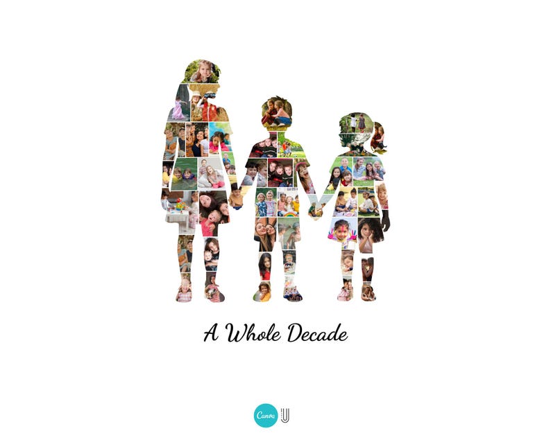 K&ouml;nnte beinhalten: Eine digitale Collage in Form von drei Figuren, die sich an den H&auml;nden halten, gef&uuml;llt mit verschiedenen Familienfotos. Der Text "A Whole Decade" ist in einer Schreibschrift unter den Figuren auf wei&szlig;em Hintergrund geschrieben.