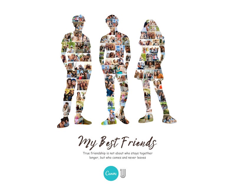 Peut inclure: Un collage de photos en forme de trois personnes, deux hommes et une femme, avec le texte "Mes meilleurs amis" et "La vraie amiti&eacute; ne consiste pas &agrave; savoir qui reste ensemble le plus longtemps, mais qui vient et ne part jamais".