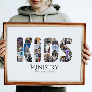 May include: A framed print with the word "KIDS" spelled out in large letters. Each letter is made up of a collage of photos of children. The text "MINISTRY" and "CORNERSTONE CHURCH" is printed below the letters.
