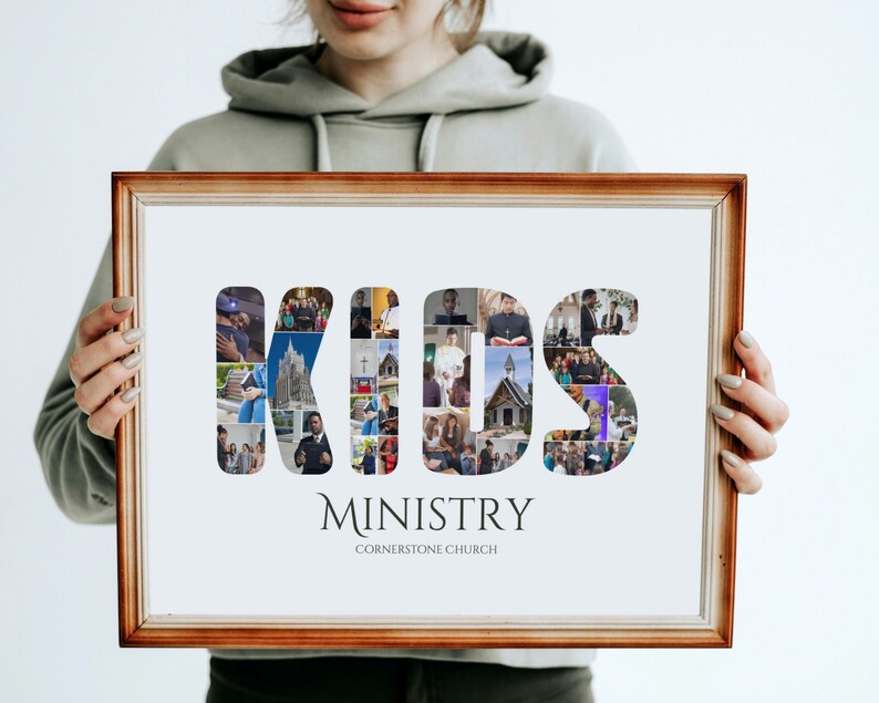 May include: A framed print with the word "KIDS" spelled out in large letters. Each letter is made up of a collage of photos of children. The text "MINISTRY" and "CORNERSTONE CHURCH" is printed below the letters.