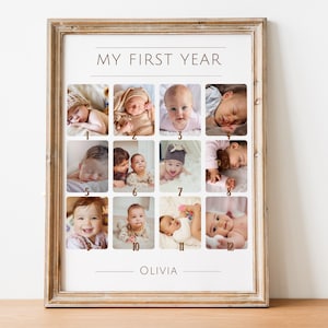Poster personnalisé pour la première année de bébé, collage de photos pour le 1er anniversaire, tableau personnalisé pour les jalons, modèle de célébration d'anniversaire, idée cadeau