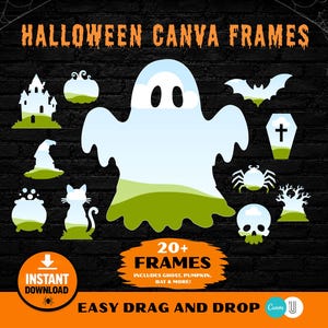Può includere: Una collezione digitale di cornici Canva per Halloween con varie forme, tra cui un grande fantasma, una casa stregata, una zucca, un pipistrello, una bara, un ragno, un gatto, un calderone, un teschio e un albero, con il testo HALLOWEEN CANVA FRAMES.