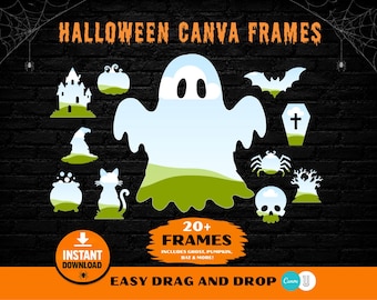 Halloween Canva Bundle, gruselige Bilderrahmen, Geist, Kürbis, Schädel, Hexenhut, Spukhaus, bearbeitbare Vorlage, Sofort Download