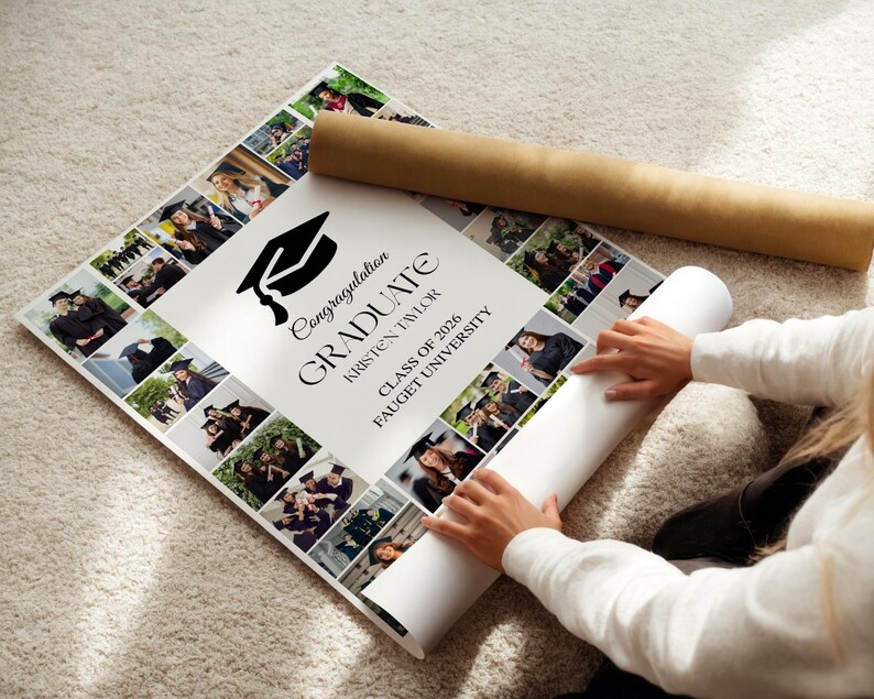 Vorlage für eine Fotocollage zum Schulabschluss 2026, Willkommensschild zur Abschlussfeier, Poster für die Abschlussfeier, bearbeitbare Geschenkvorlage für Schulabgänger (Canva) Bild 2