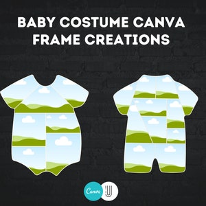 May include: Two baby onesies with a patchwork design of green hills and blue sky. The onesies are white with a white outline. The text "BABY COSTUME CANVA FRAME CREATIONS" is at the top of the image. The Canva logo is at the bottom of the image.