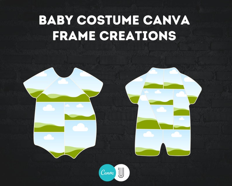 May include: Two baby onesies with a patchwork design of green hills and blue sky. The onesies are white with a white outline. The text "BABY COSTUME CANVA FRAME CREATIONS" is at the top of the image. The Canva logo is at the bottom of the image.