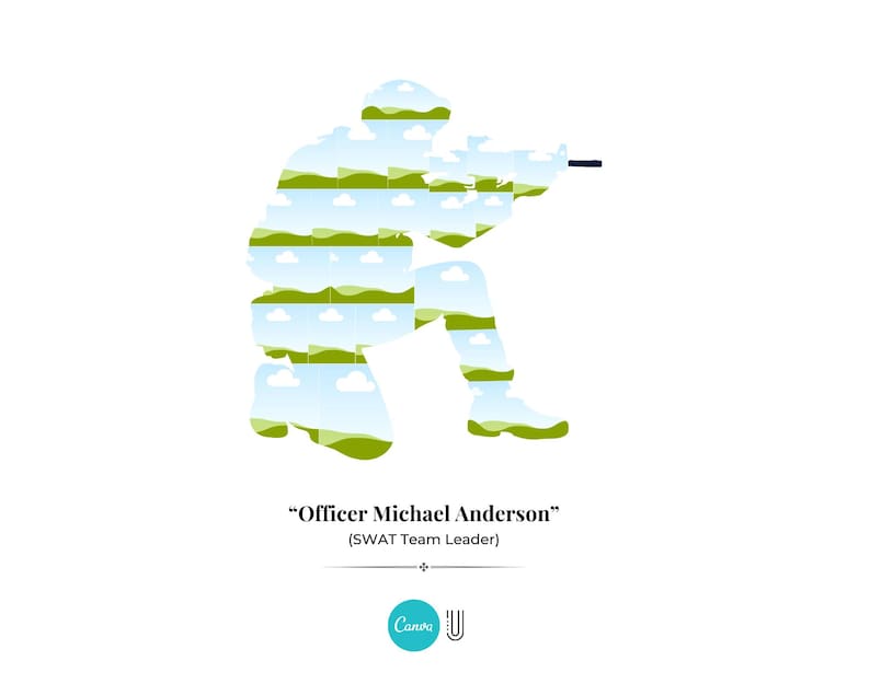 Pu&ograve; includere: Silhouette stilizzata di una persona in ginocchio che tiene un fucile. La figura &egrave; riempita con un paesaggio di colline verdi, cieli blu e nuvole bianche. Il testo in basso recita "Officer Michael Anderson" (Capo squadra SWAT).