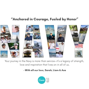 May include: A graphic design featuring the word "NAVY" composed of various images. The text "Anchored in Courage, Fueled by Honor" is at the top, with additional text below. The design includes a Canva logo.