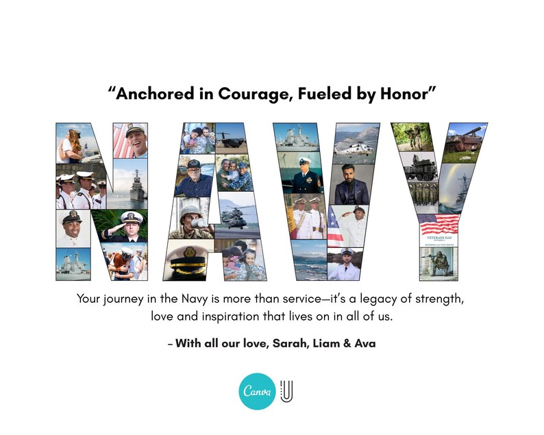 May include: A graphic design featuring the word "NAVY" composed of various images. The text "Anchored in Courage, Fueled by Honor" is at the top, with additional text below. The design includes a Canva logo.