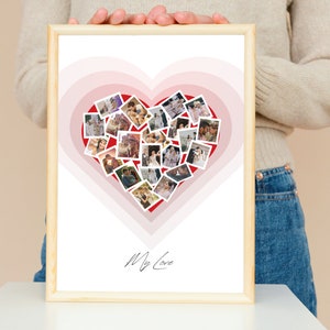 May include: A framed print featuring a red heart composed of smaller photographs. The heart is encircled by concentric circles of pink and white. The text "My Love" is written in black at the bottom of the print.