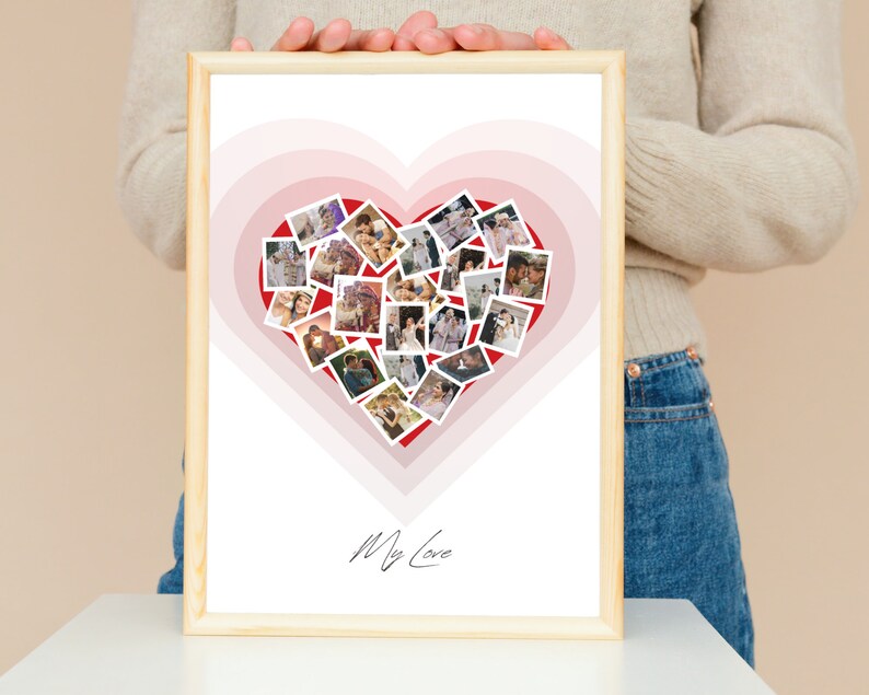 May include: A framed print featuring a red heart composed of smaller photographs. The heart is encircled by concentric circles of pink and white. The text "My Love" is written in black at the bottom of the print.