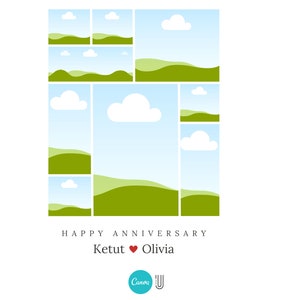May include: A collage of green hills and blue skies with white clouds. The text "HAPPY ANNIVERSARY Ketut &hearts; Olivia" is at the bottom of the image.