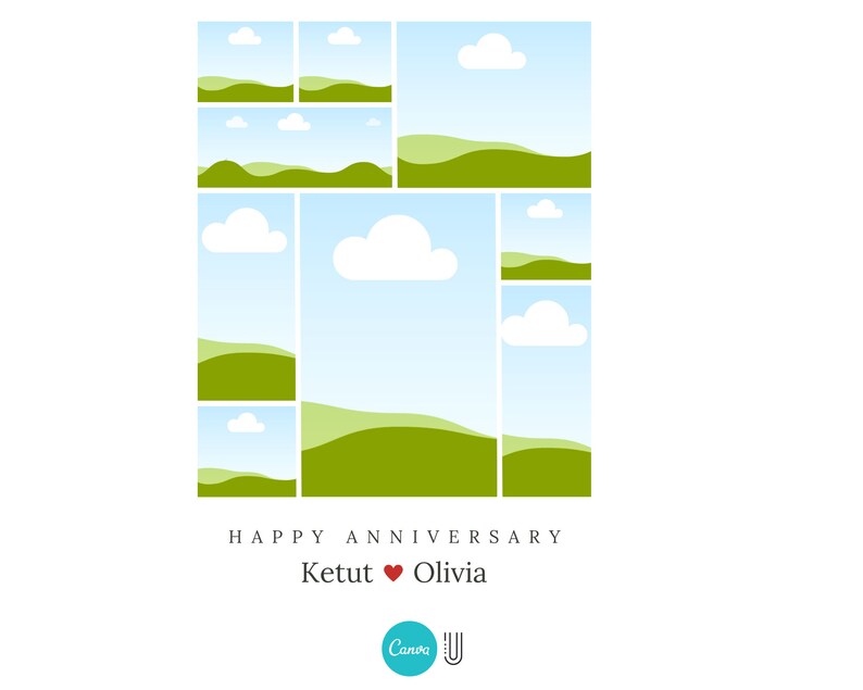 May include: A collage of green hills and blue skies with white clouds. The text "HAPPY ANNIVERSARY Ketut &hearts; Olivia" is at the bottom of the image.