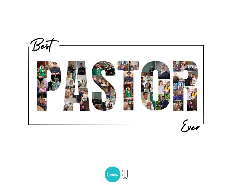 K&ouml;nnte beinhalten: Eine Collage aus Fotos, die das Wort "PASTOR" buchstabieren, mit den W&ouml;rtern "Best" und "Ever" dar&uuml;ber und darunter.
